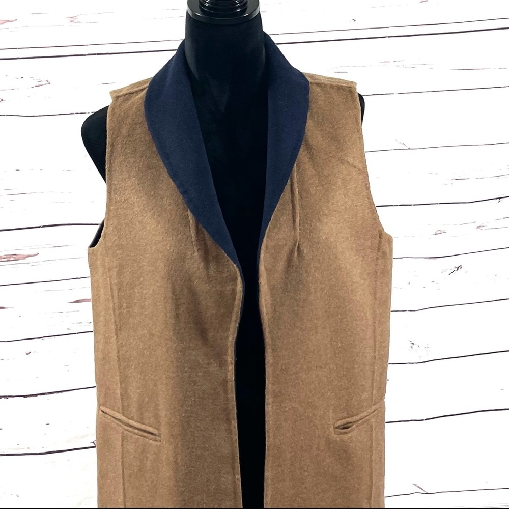 Talbots Double Faced Open Vest Long Shawl Collar Tan/Blue Wool Blend Size S‎ - Picture 3 of 10